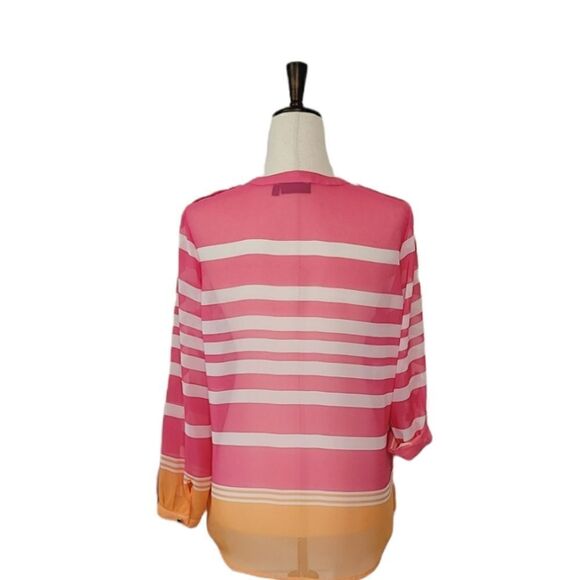 Apt. 9 Pink Striped 1/2 Button  Rolled Tab Sleeve Sheer Chiffon Blouse Size MP - Picture 3 of 8